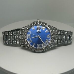 Iced Out Blue Dial Watch Roman Numerals Stainless Steel Luxury Style Quartz